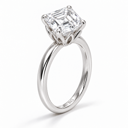 Asscher cut lab grown diamond solitaire engagement ring with lotus basket and plain band in white gold