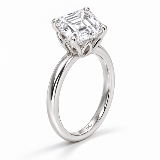 Asscher cut lab grown diamond solitaire engagement ring with lotus basket and plain band in white gold