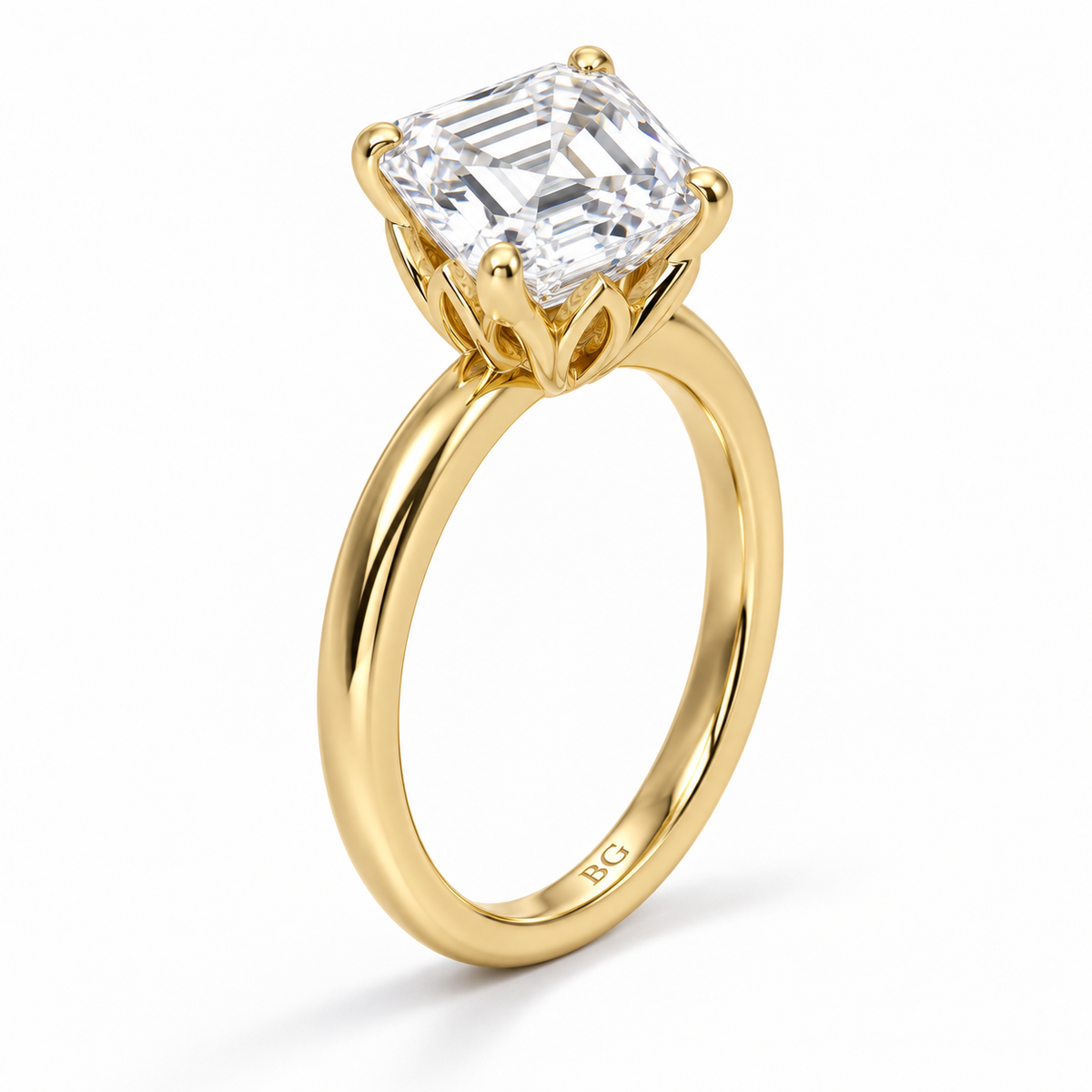 Asscher cut lab grown diamond solitaire engagement ring with lotus basket and plain band in yellow gold