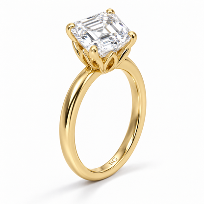 Asscher cut lab grown diamond solitaire engagement ring with lotus basket and plain band in yellow gold