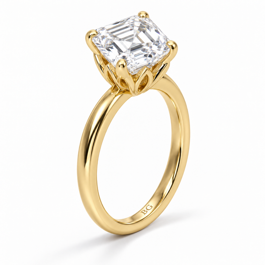 Asscher cut lab grown diamond solitaire engagement ring with lotus basket and plain band in yellow gold