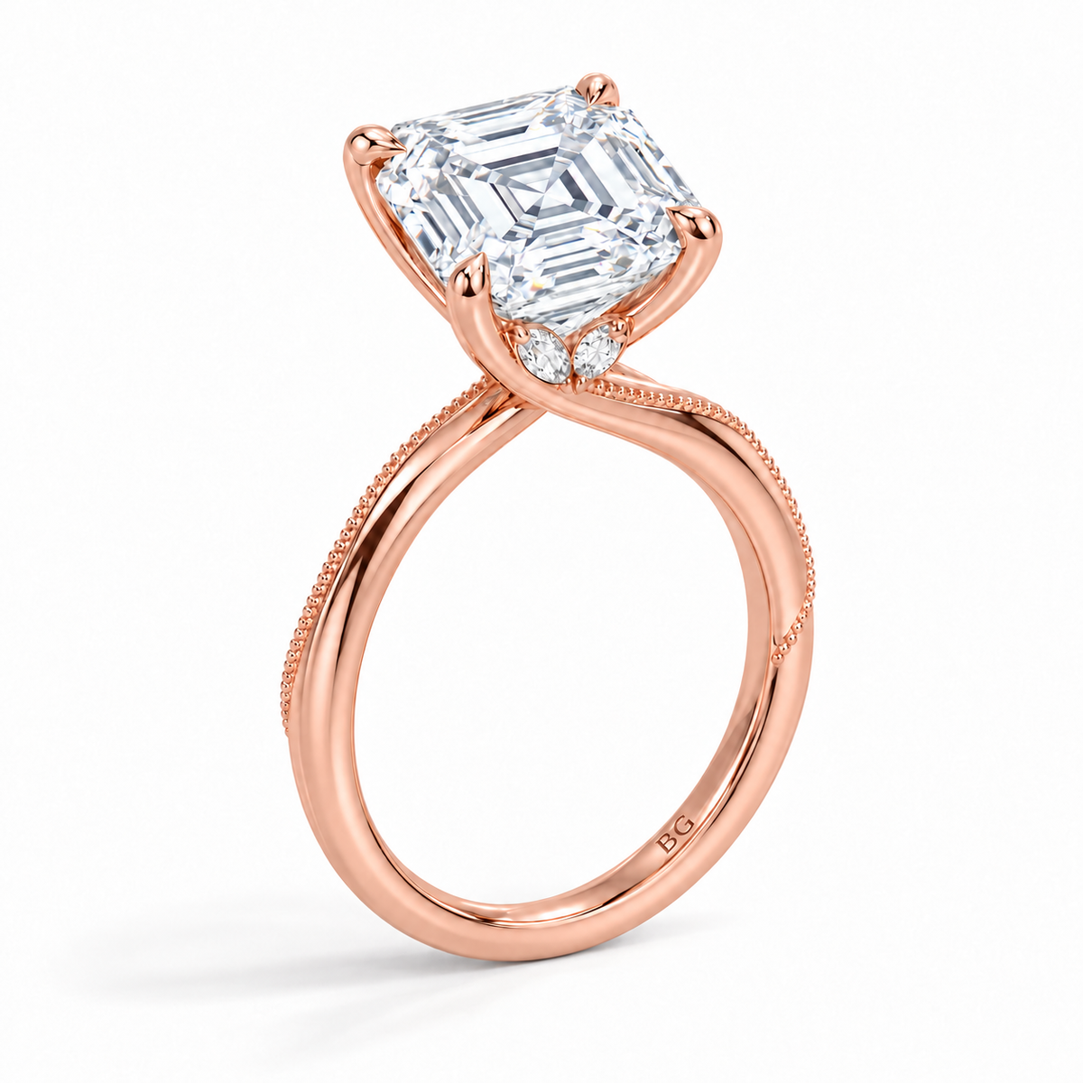 Asscher cut lab grown diamond engagement ring with twisted milgrain band in rose gold
