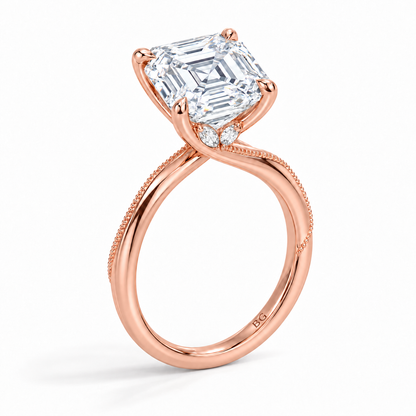 Asscher cut lab grown diamond engagement ring with twisted milgrain band in rose gold