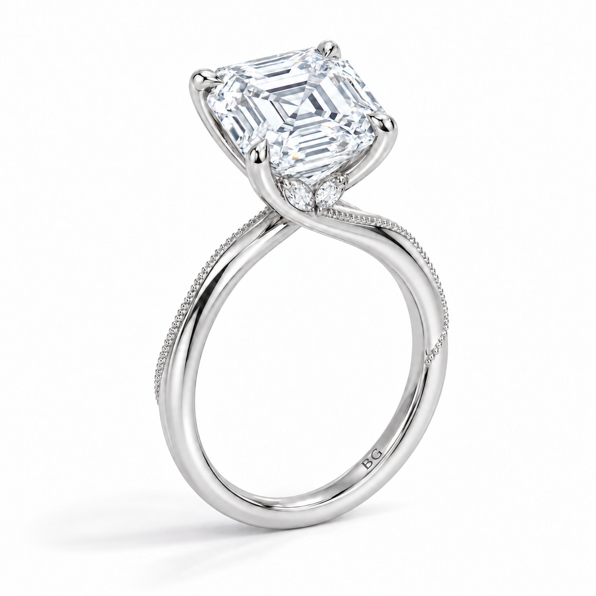 Asscher cut lab grown diamond engagement ring with twisted milgrain band in white gold