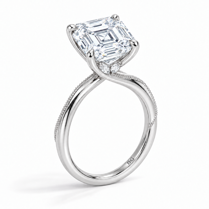Asscher cut lab grown diamond engagement ring with twisted milgrain band in white gold
