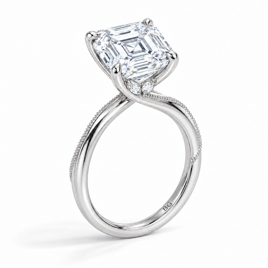 Asscher cut lab grown diamond engagement ring with twisted milgrain band in white gold
