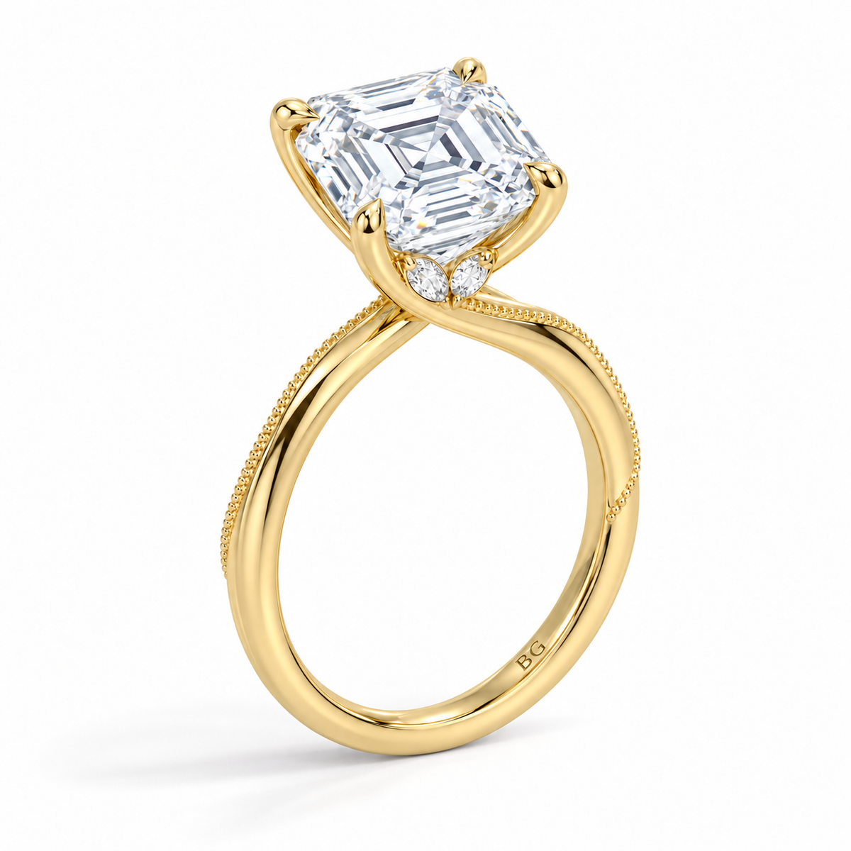 Asscher cut lab grown diamond engagement ring with twisted milgrain band in yellow gold