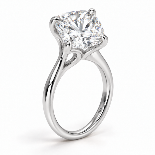 Cushion cut lab grown diamond cathedral solitaire engagement ring in white gold