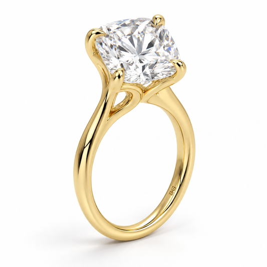 Cushion cut lab grown diamond cathedral solitaire engagement ring in yellow gold