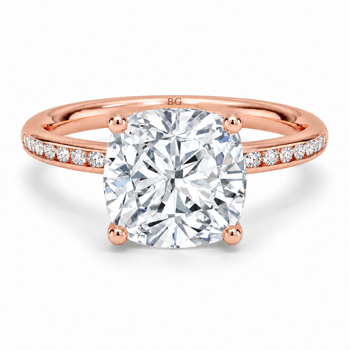 Cushion cut lab grown diamond solitaire ring with channel set band in rose gold