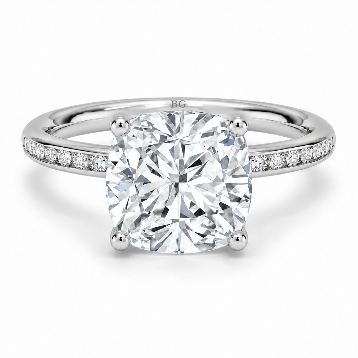 Cushion cut lab grown diamond solitaire ring with channel set band in white gold