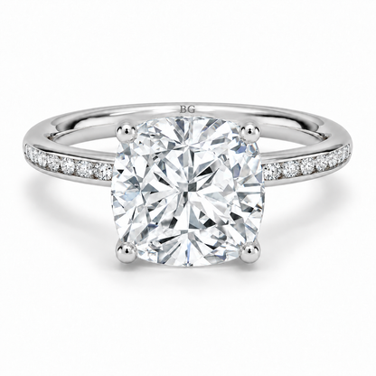 Cushion cut lab grown diamond solitaire ring with channel set band in white gold