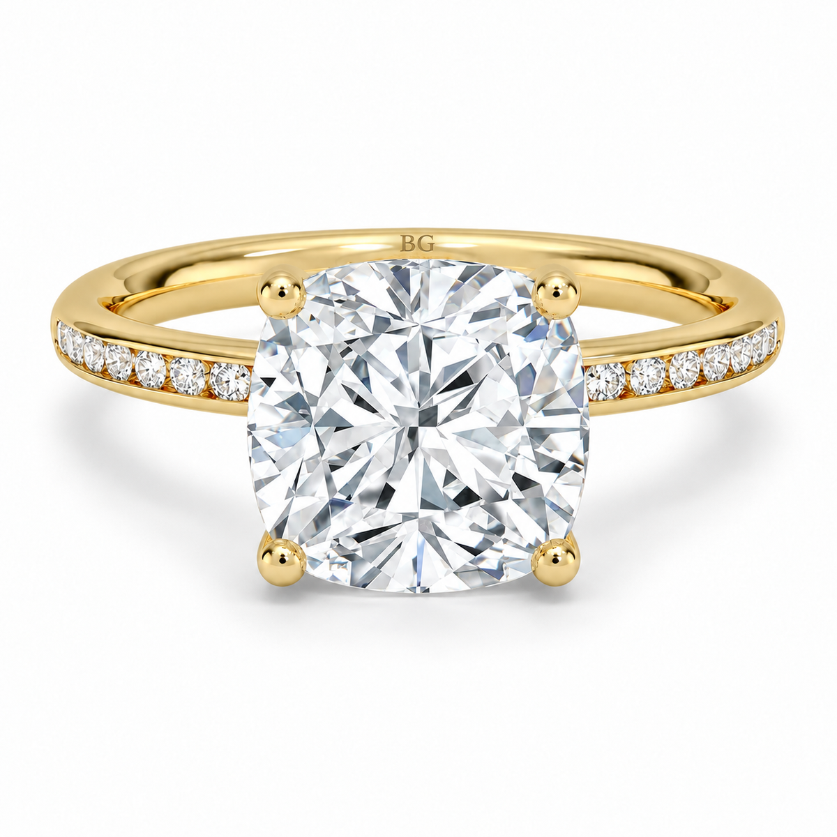 Cushion cut lab grown diamond solitaire ring with channel set band in yellow gold