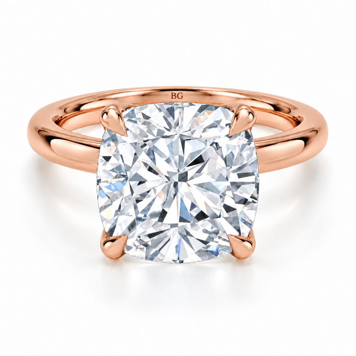 Cushion cut lab grown diamond solitaire ring with plain band in rose gold
