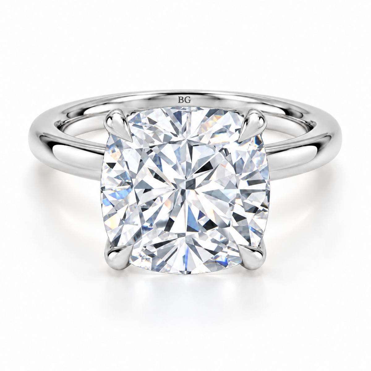 Cushion cut lab grown diamond solitaire ring with plain band in white gold