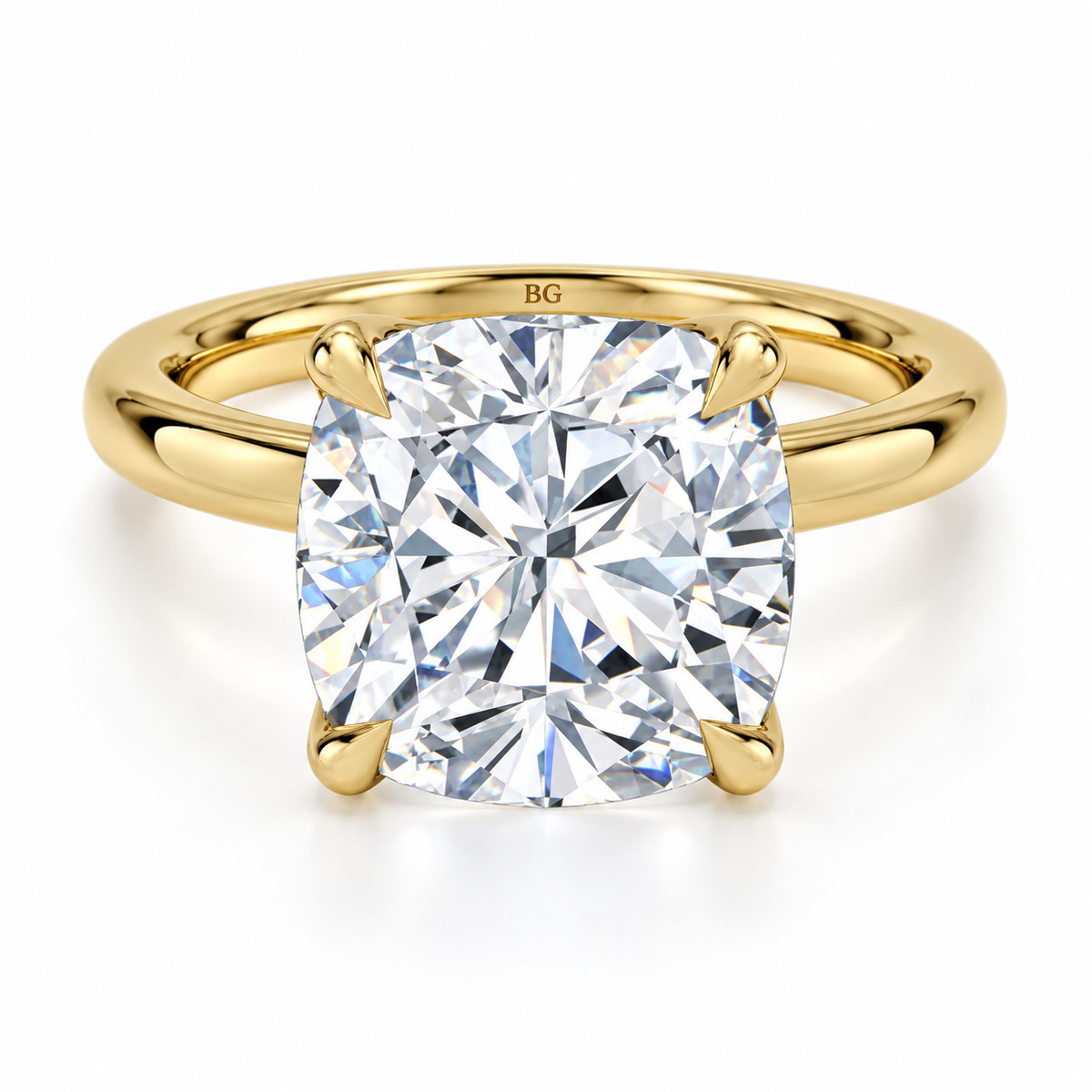 Cushion cut lab grown diamond solitaire ring with plain band in yellow gold