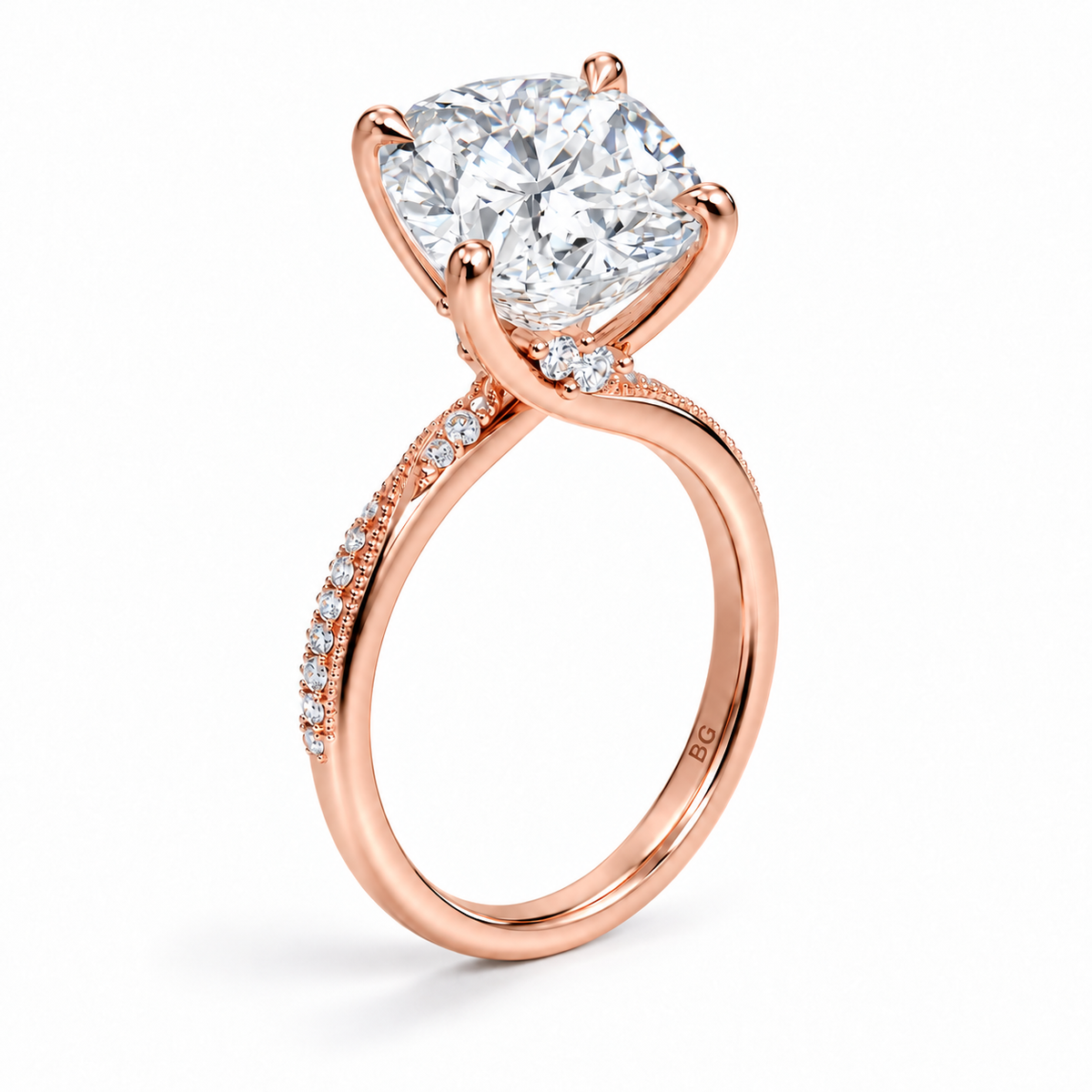 Cushion cut lab grown diamond engagement ring with twisted pave band in rose gold