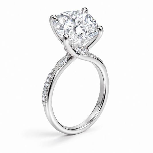 Cushion cut lab grown diamond engagement ring with twisted pave band in white gold