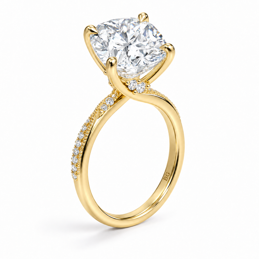 Cushion cut lab grown diamond engagement ring with twisted pave band in yellow gold