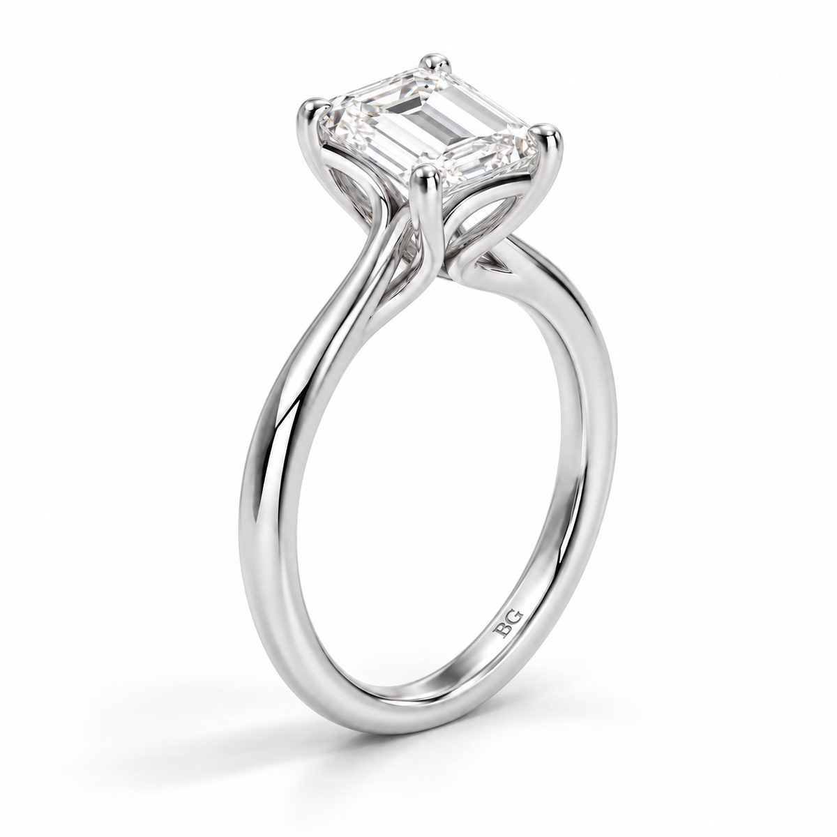 Emerald cut lab grown diamond cathedral solitaire engagement ring in white gold