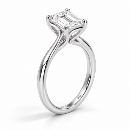 Emerald cut lab grown diamond cathedral solitaire engagement ring in white gold