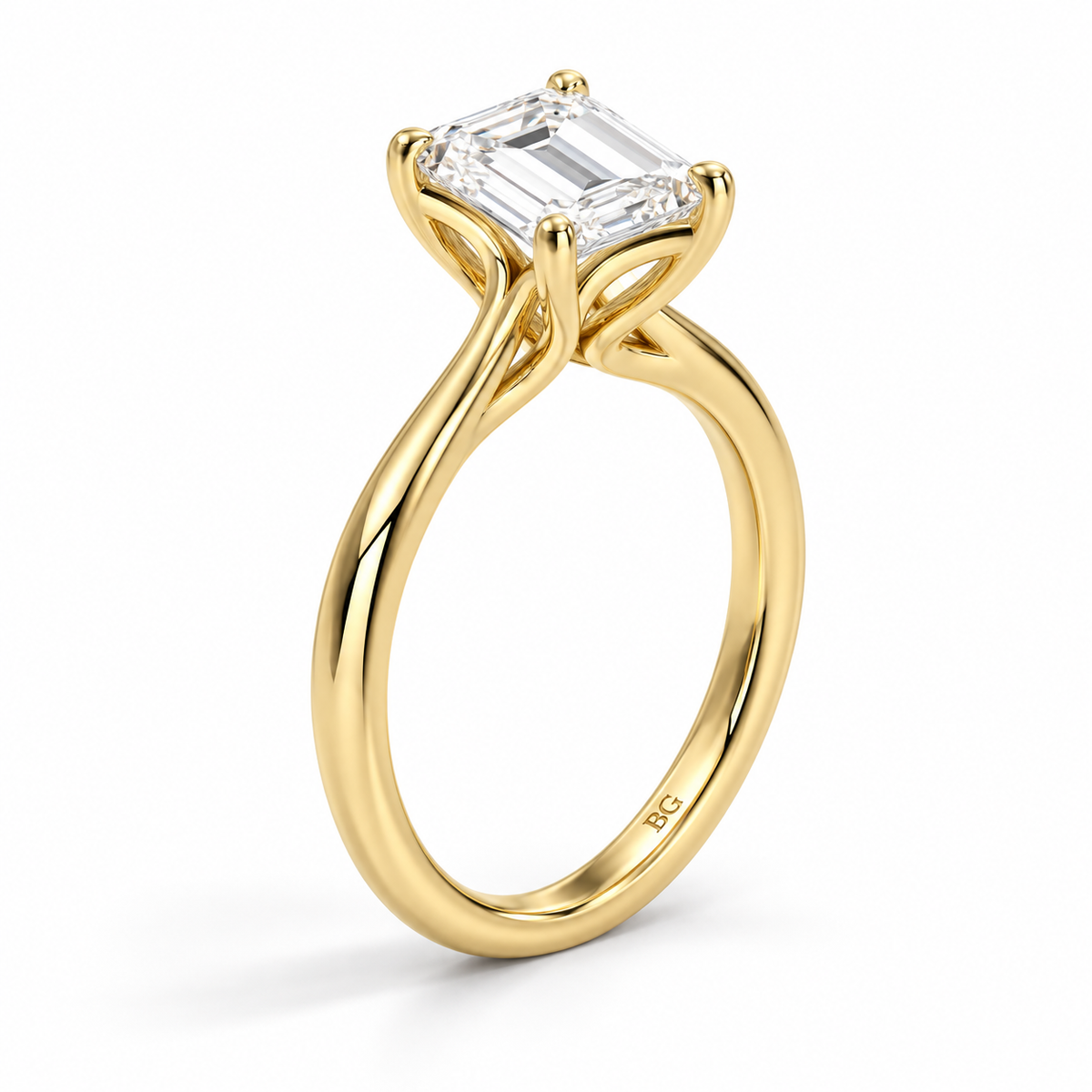 Emerald cut lab grown diamond cathedral solitaire engagement ring in yellow gold
