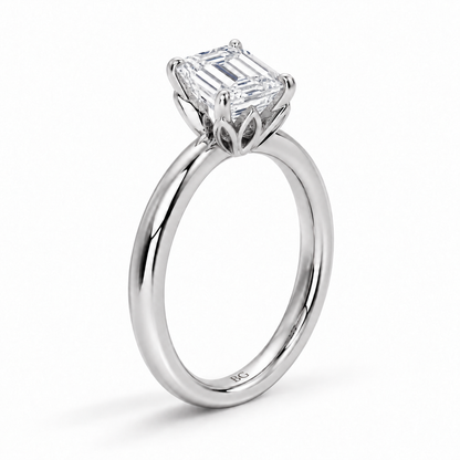 Emerald cut lab grown diamond solitaire engagement ring with lotus basket and plain band in white gold