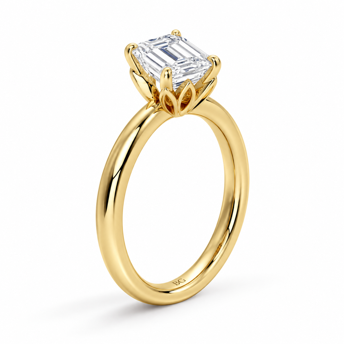 Emerald cut lab grown diamond solitaire engagement ring with lotus basket and plain band in yellow gold