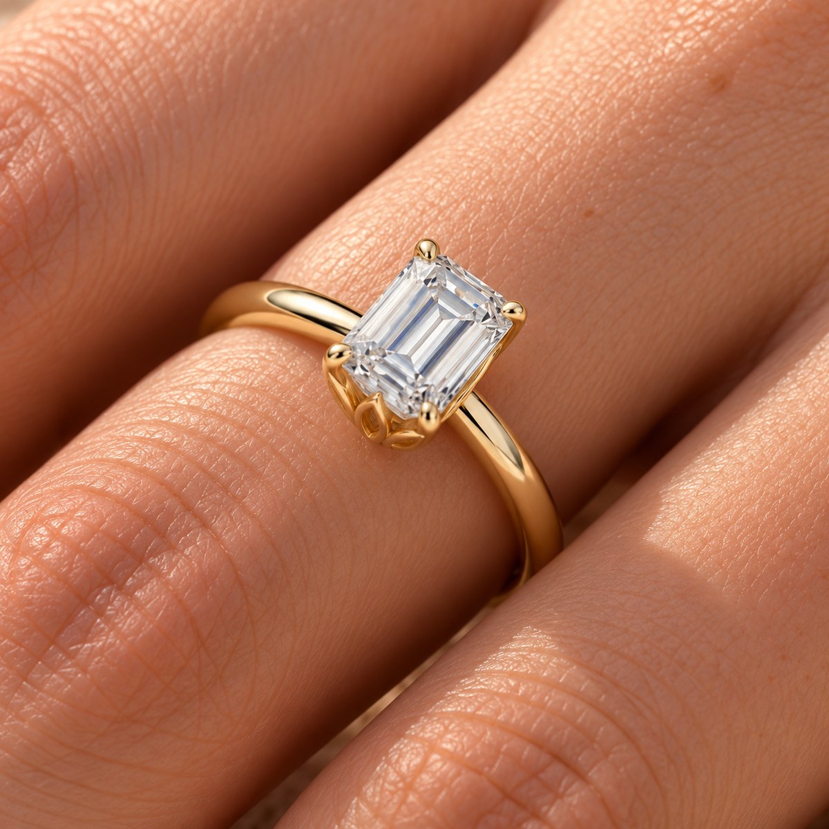 Emerald cut lab grown diamond plain band solitaire worn on hand, yellow gold
