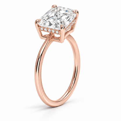 Radiant cut lab grown diamond hidden halo engagement ring with thin plain band in rose gold
