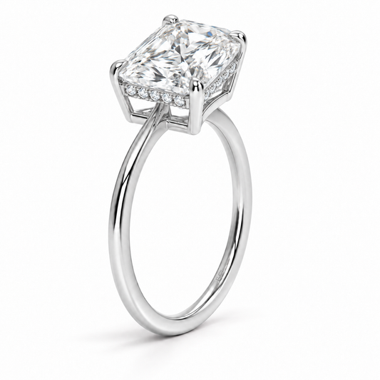 Radiant cut lab grown diamond hidden halo engagement ring with thin plain band in white gold
