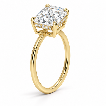 Radiant cut lab grown diamond hidden halo engagement ring with thin plain band in yellow gold