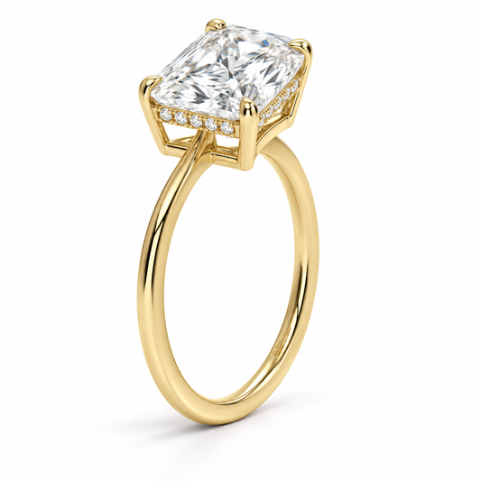 Radiant cut lab grown diamond hidden halo engagement ring with thin plain band in yellow gold