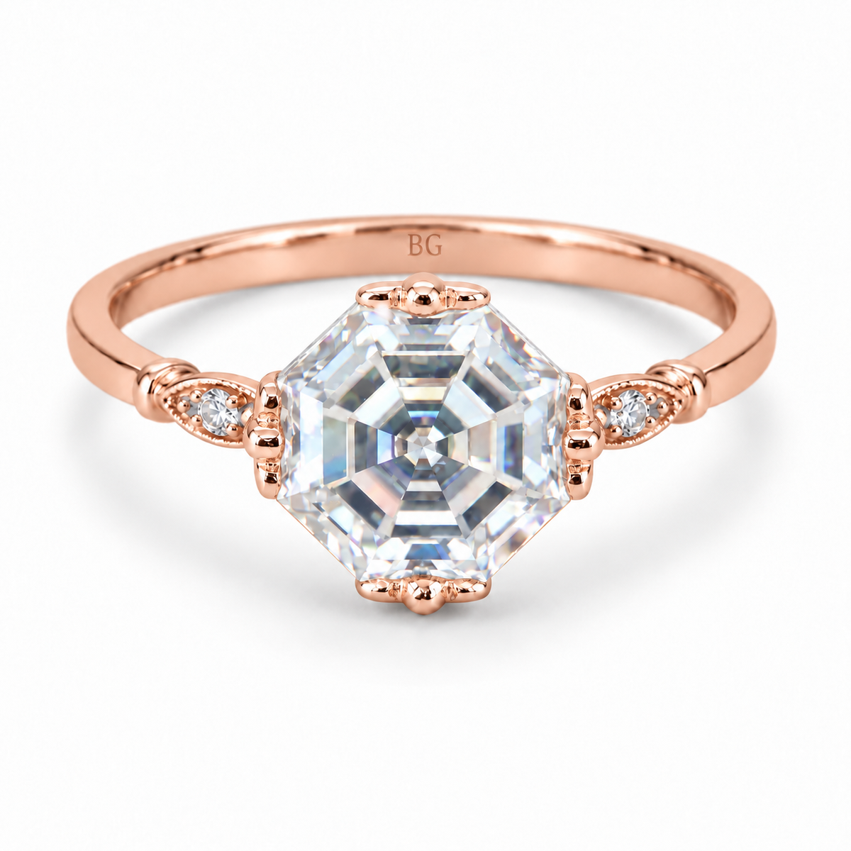 Octagon Asscher cut moissanite vintage solitaire ring with leaf shoulders in rose gold