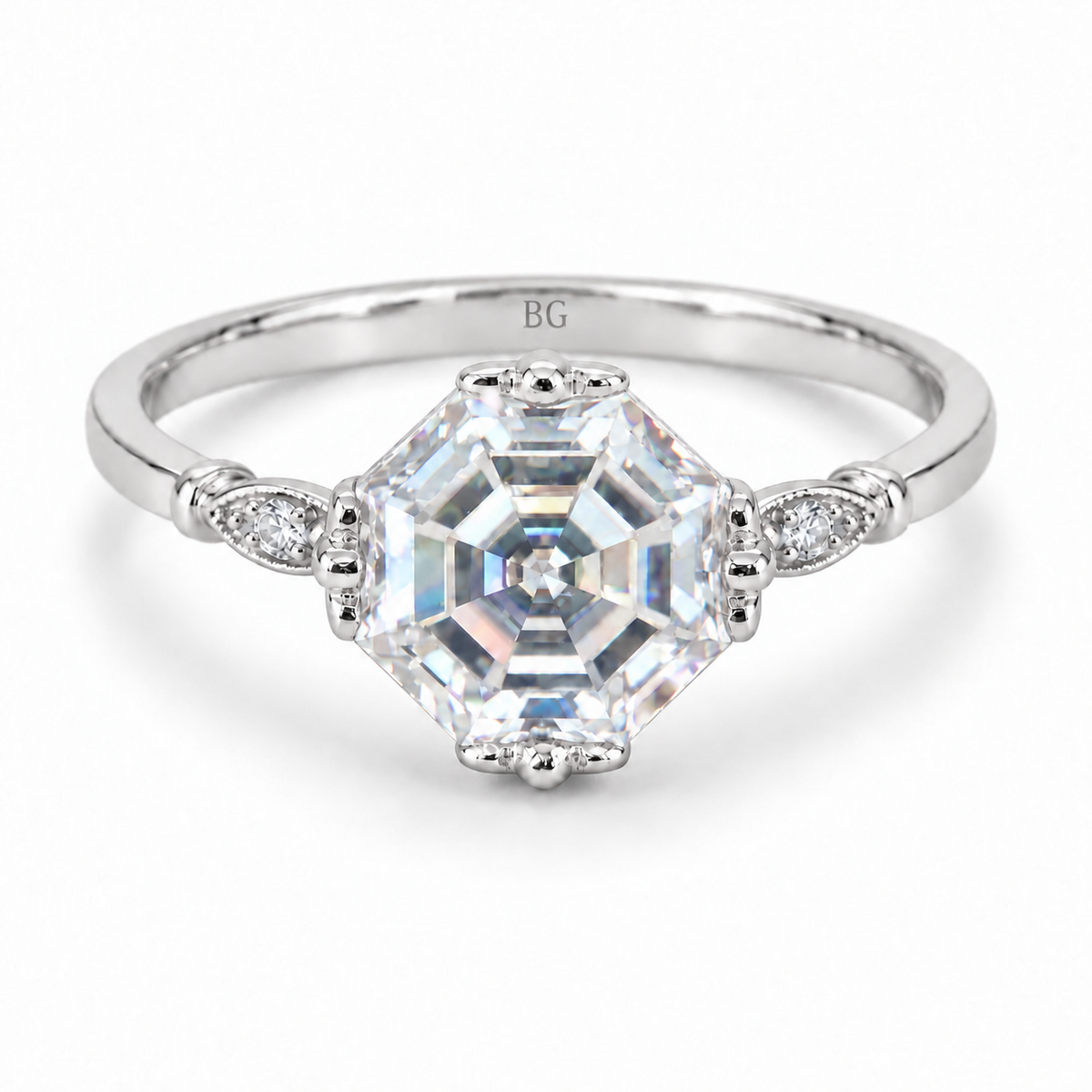 Octagon Asscher cut moissanite vintage solitaire ring with leaf shoulders in white gold