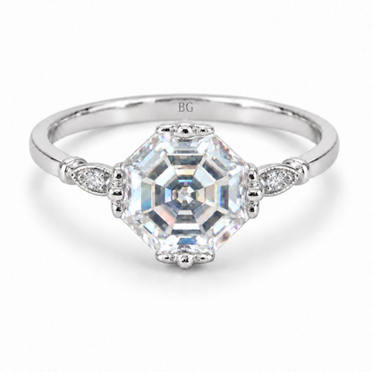 Octagon Asscher cut moissanite vintage solitaire ring with leaf shoulders in white gold
