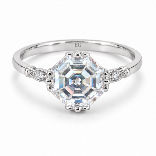 Octagon Asscher cut moissanite vintage solitaire ring with leaf shoulders in white gold