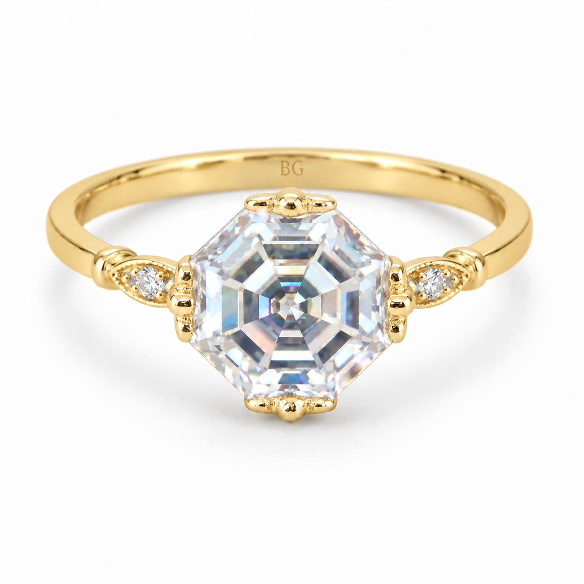 Octagon Asscher cut moissanite vintage solitaire ring with leaf shoulders in yellow gold
