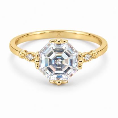 Octagon Asscher cut moissanite vintage solitaire ring with leaf shoulders in yellow gold