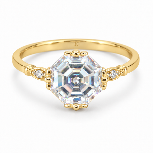 Octagon Asscher cut moissanite vintage solitaire ring with leaf shoulders in yellow gold