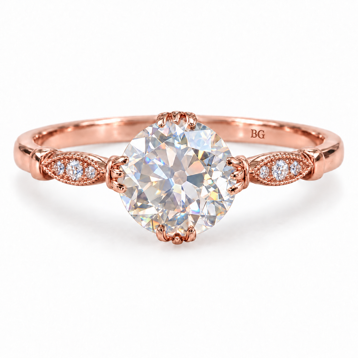 3.14 TCW Round Old European Cut Moissanite Vintage Engagement Ring - Rose gold - front view