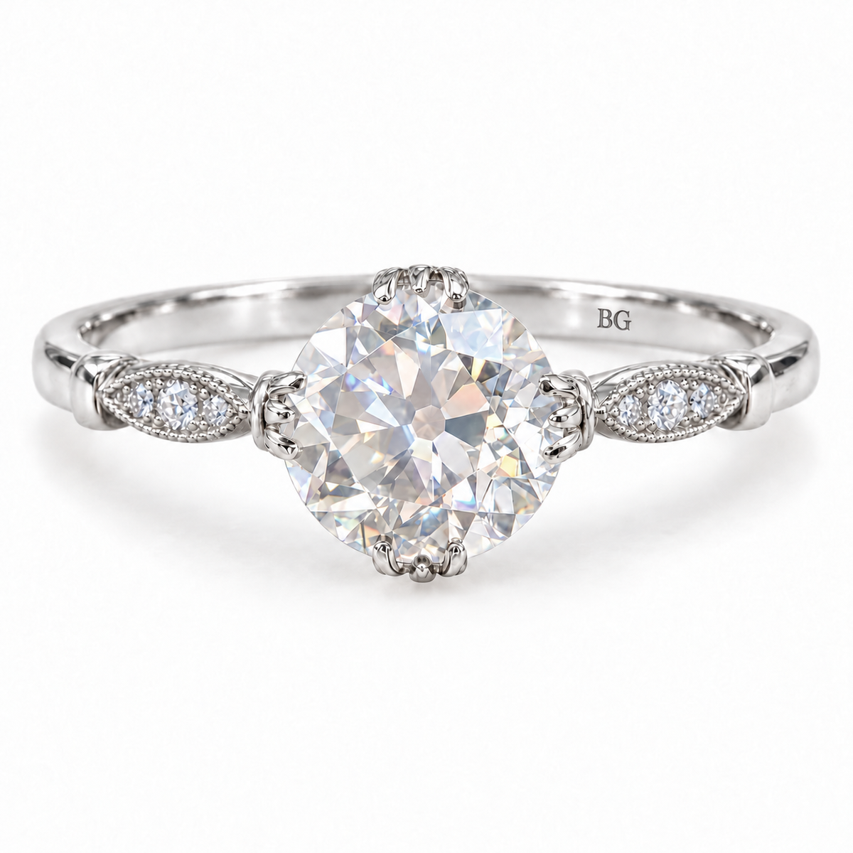 3.14 TCW Round Old European Cut Moissanite Vintage Engagement Ring - White gold - front view