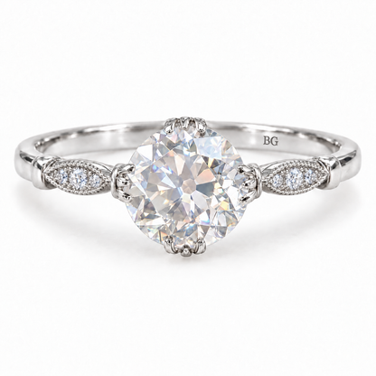 3.14 TCW Round Old European Cut Moissanite Vintage Engagement Ring - White gold - front view