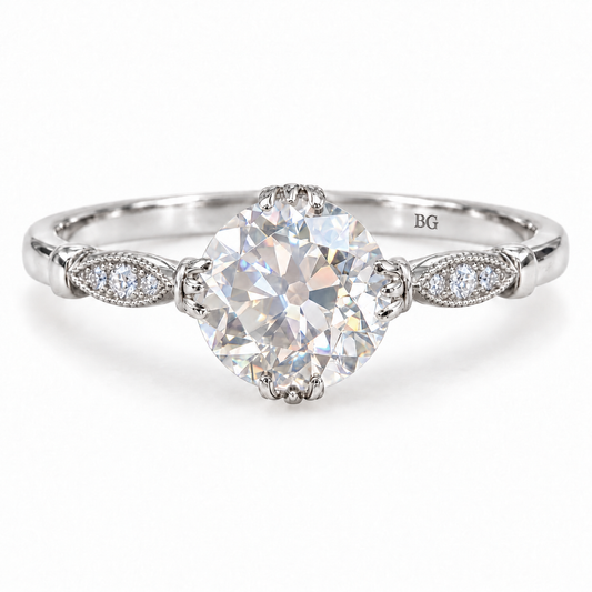 3.14 TCW Round Old European Cut Moissanite Vintage Engagement Ring - White gold - front view
