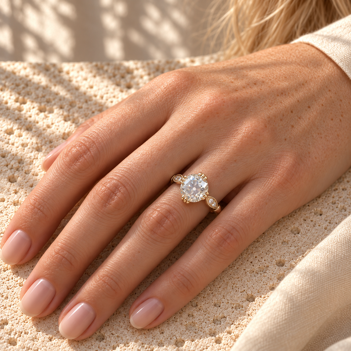 3.14 TCW Round Old European Cut Moissanite Vintage Engagement Ring - Yellow gold - worn on the hand