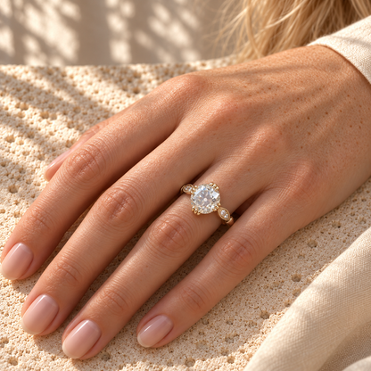 3.14 TCW Round Old European Cut Moissanite Vintage Engagement Ring - Yellow gold - worn on the hand