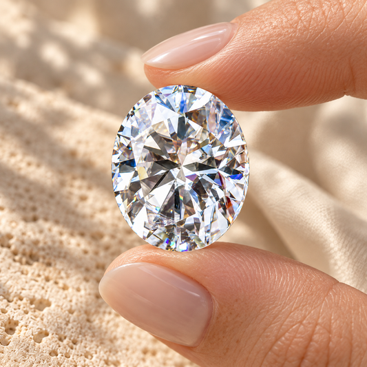 Oval cut loose moissanite held between the fingers