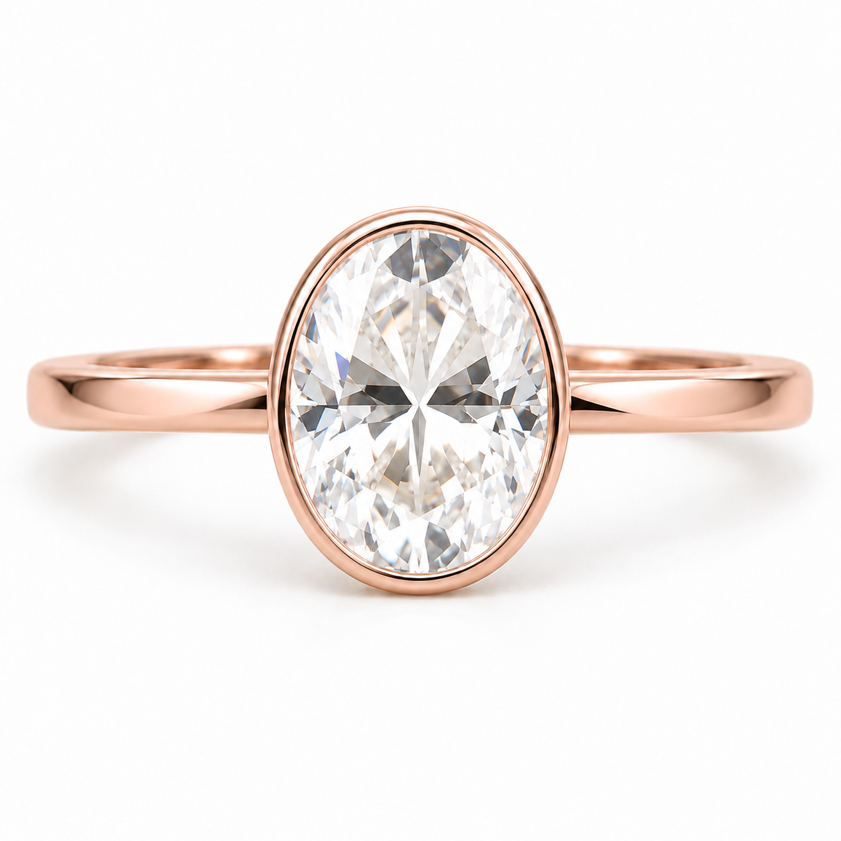 Oval Moissanite Engagement Ring - Bezel Set - Rose gold - front view