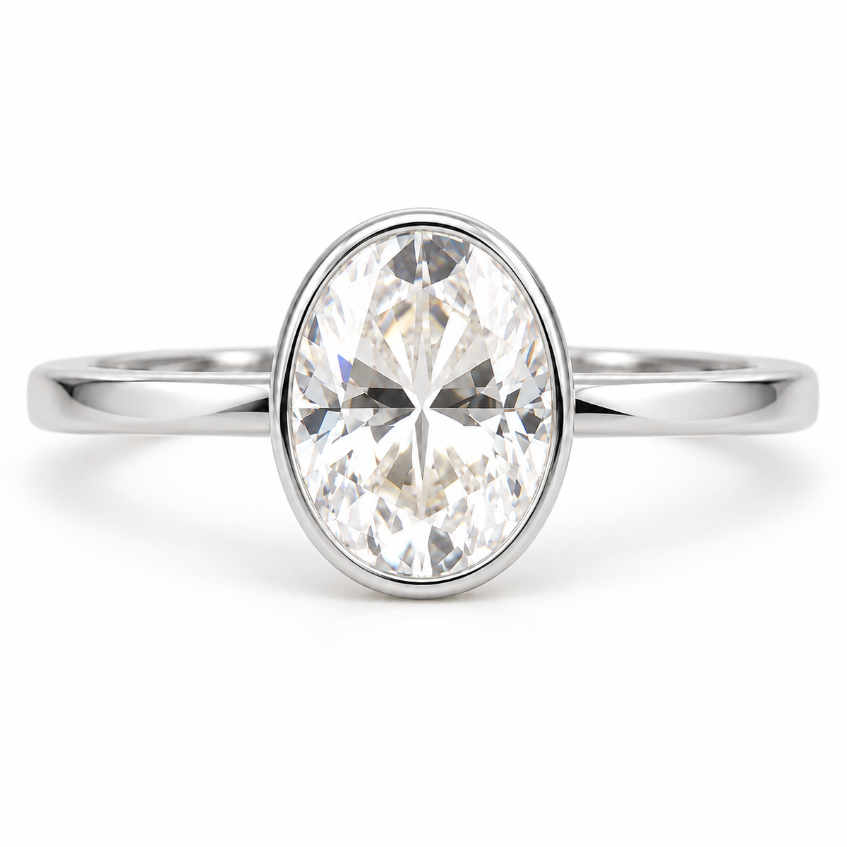 Oval Moissanite Engagement Ring - Bezel Set - White gold - front view