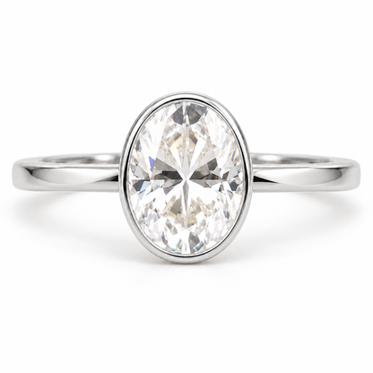 Oval Moissanite Engagement Ring - Bezel Set - White gold - front view